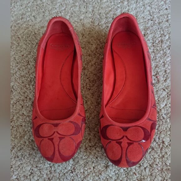 Coach Suede Signature C Logo Aria orange & Red Ballet Flats size 8.5 - Picture 1 of 12